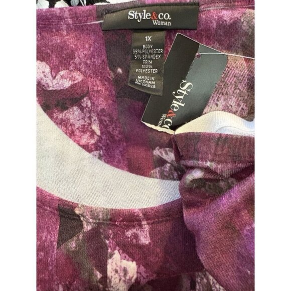 Style & Co +1X Purple Floral Scoop Neck Contrast Hemline 3/4 Ruched Sleeve Top - Picture 6 of 6